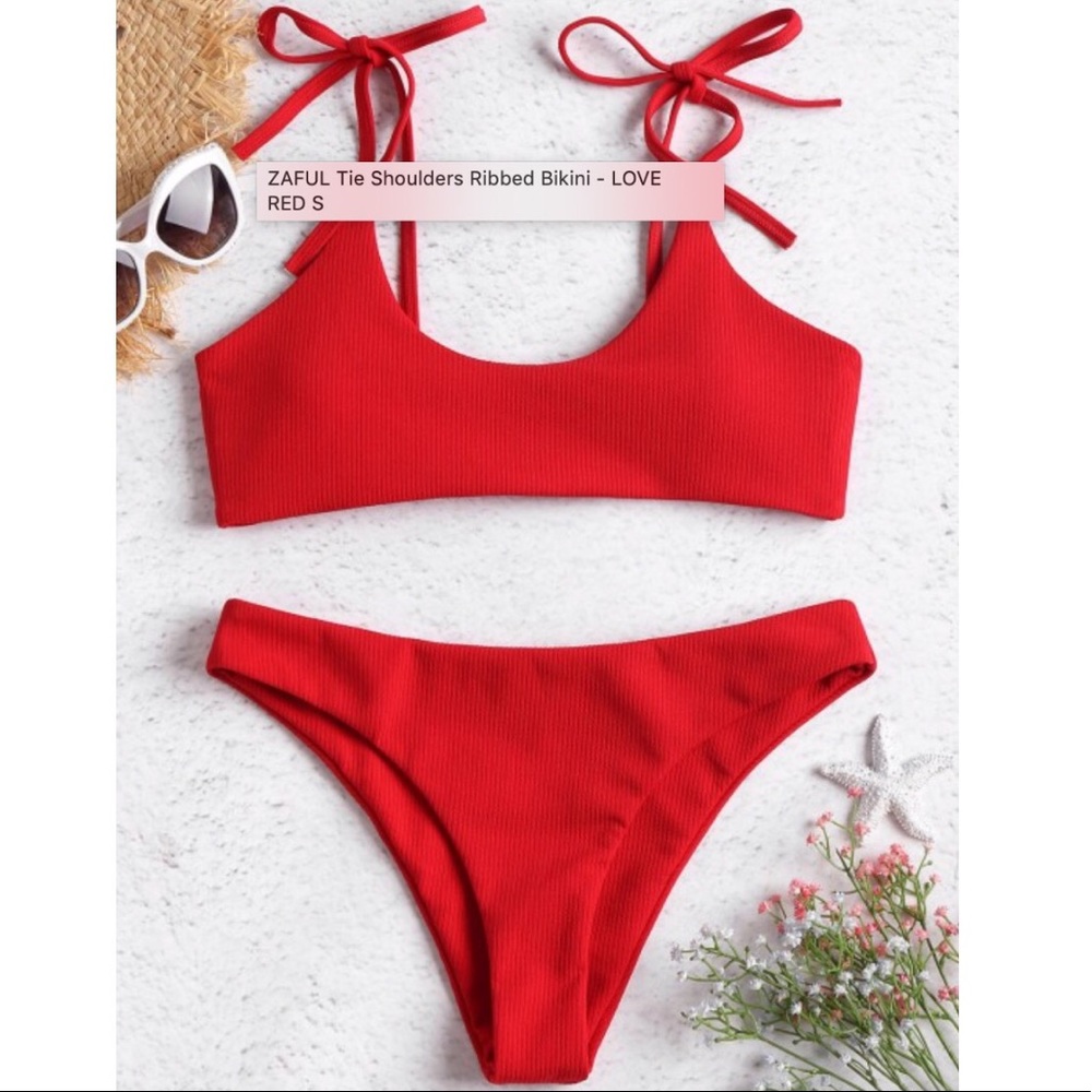 Zaful Tie-Shoulder ribbed bikini set
